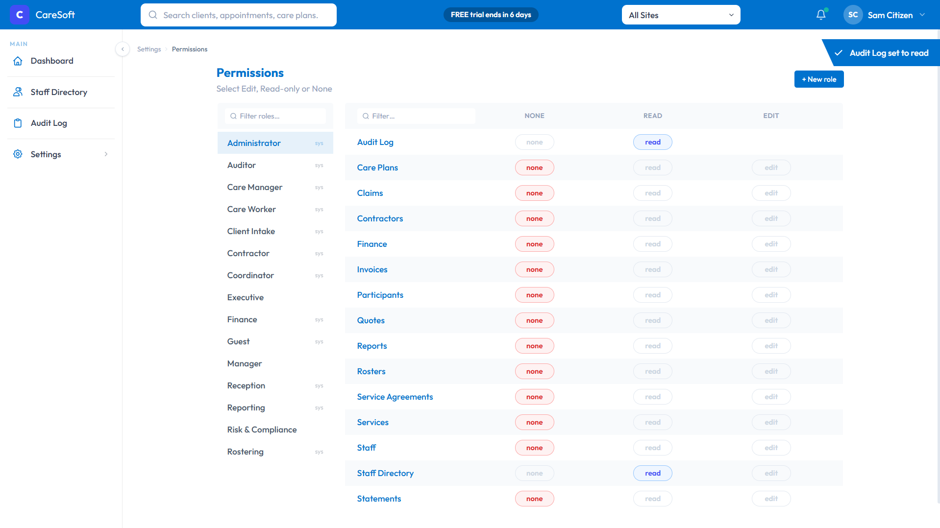 Role-based access control showing staff emergency contact visibility restricted to Care Rostering role