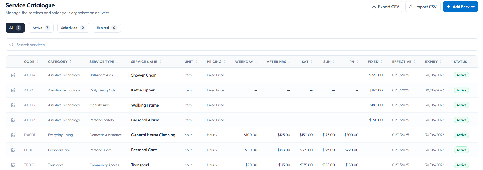 Service catalogue showing bulk import, pricing configuration, and service management